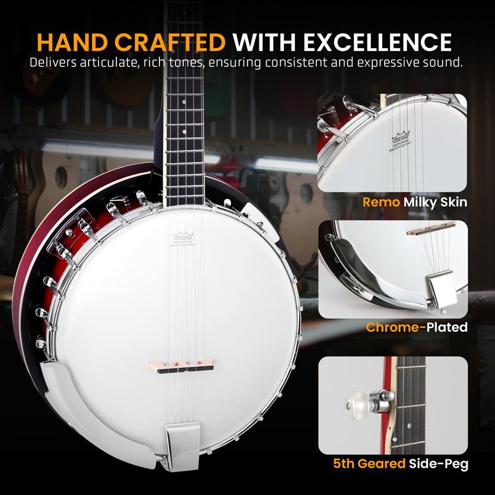 5-String Banjo Kit, Rich Sound, Remo Head, Sapele Resonator, Red