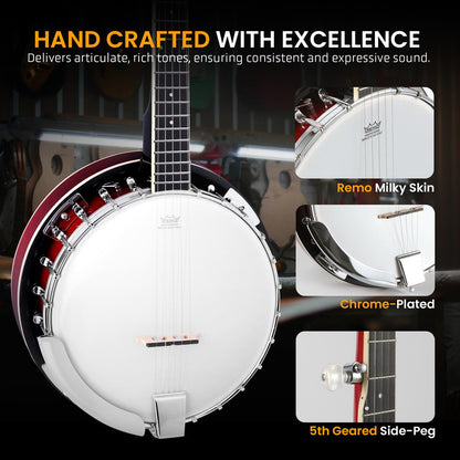5-String Banjo Kit, Rich Sound, Remo Head, Sapele Resonator, Red Burst