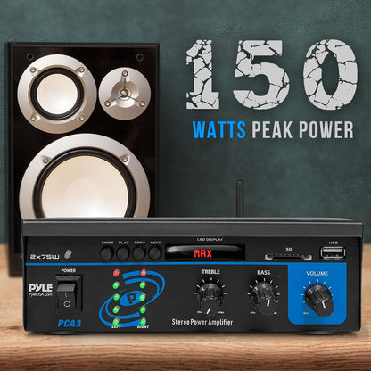 Mini Bluetooth Stereo Amplifier - 150W Power, RCA Input, Blue LED Display