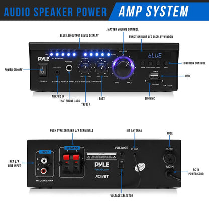 Wireless Bluetooth Stereo Amplifier 240W Blue LED Display USB/SD/FM