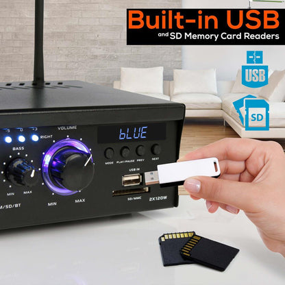Wireless Bluetooth Stereo Amplifier 240W Blue LED Display USB/SD/FM