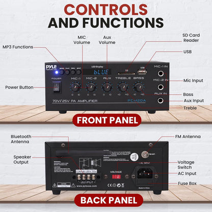 40W Bluetooth Power Amplifier - Stream Music - 2 Mic Inputs, LED Display