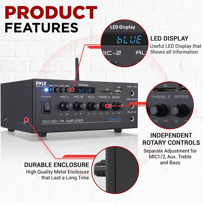 40W Bluetooth Power Amplifier - Stream Music - 2 Mic Inputs, LED Display