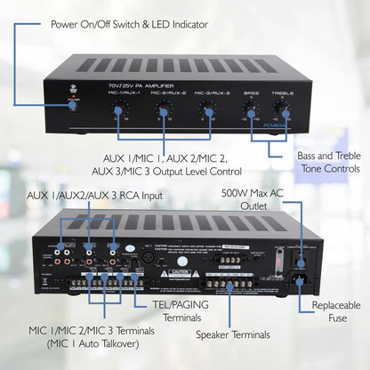 100W Bluetooth Power Amplifier - Indoor Stereo Receiver - 3 Mic Inputs