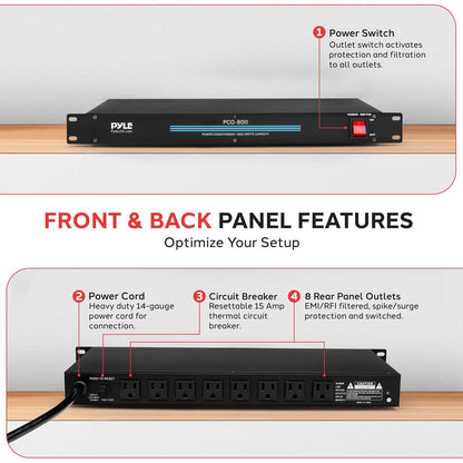 8-Outlet Rack Mount Power Conditioner, Surge Protection, 1800W, Black