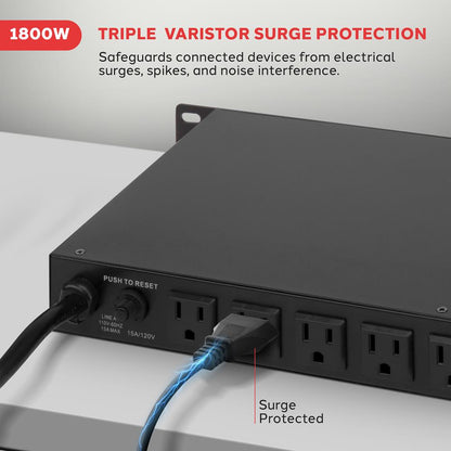 8-Outlet Rack Mount Power Conditioner, Surge Protection, 1800W, Black