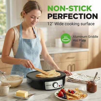 Electric Crepe Maker - Quick Cooking, Nonstick 12" Aluminum Griddle