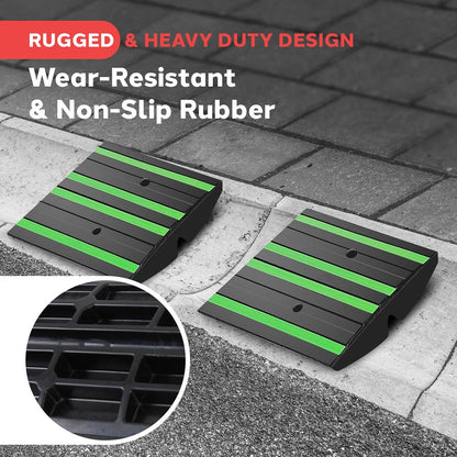 Rubber Curb Ramp Set, Non-Slip, 11,000 lbs Capacity, Green Reflective
