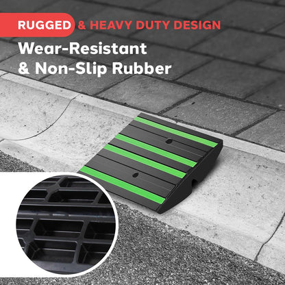Rubber Curb Ramp, Smooth Vehicle Passage, Non-Slip, Green Reflective Strips