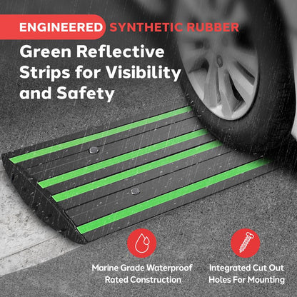 4 ft Rubber Curb Ramp, Non-Slip, Waterproof, Green Reflective Strips