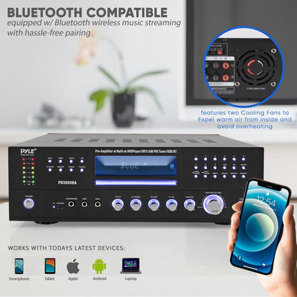 4-Channel Bluetooth Amplifier 3000W Peak, CD/DVD Player, FM Radio
