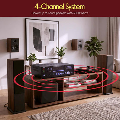 4-Channel Bluetooth Amplifier 3000W Peak, CD/DVD Player, FM Radio