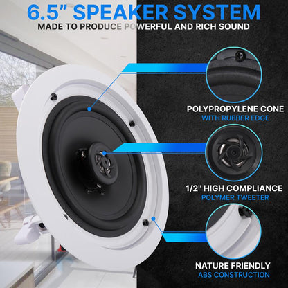 6.5" In-Wall Ceiling Speakers 200W Stereo Sound Polypropylene Cone White