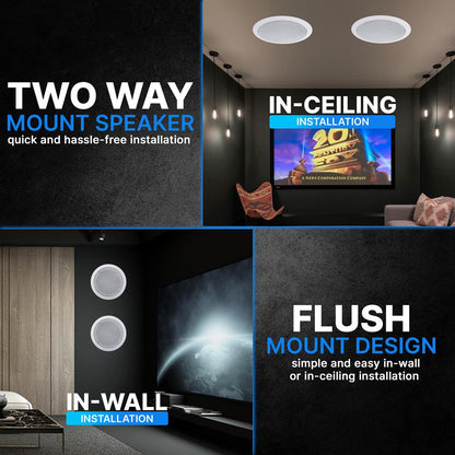 6.5" In-Wall Ceiling Speakers 200W Stereo Sound Polypropylene Cone White