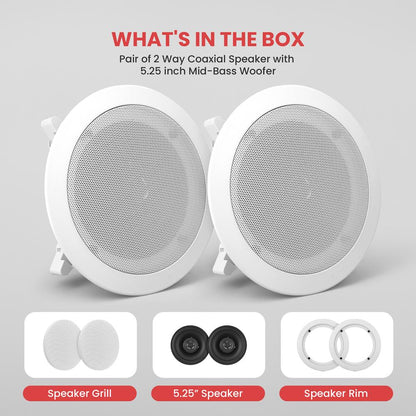 5.25" Ceiling Speakers Pair, 2-Way Stereo, Flush Mount, 150W, White