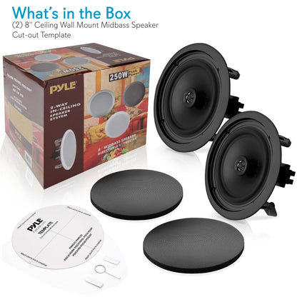 8" Ceiling Speakers Pair, Easy Install, 250W, Flush Mount
