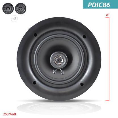 8" Ceiling Wall Speakers Pair, 250W, 2-Way Stereo, Flush Mount
