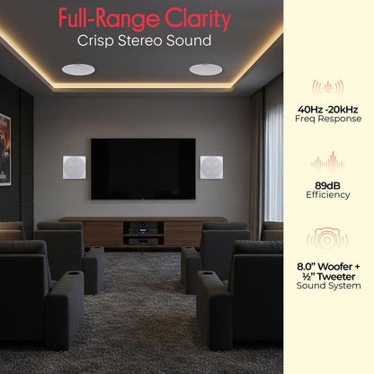 8" Bluetooth Ceiling Speaker Kit, 250W, 2-Way Stereo, Flush Mount