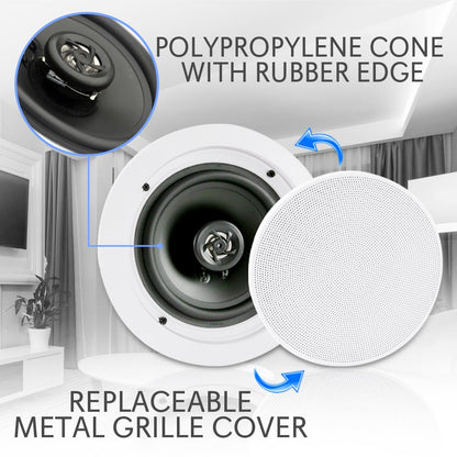 8" Bluetooth Ceiling Speakers 250W Polypropylene Cone Flush Mount