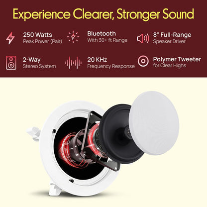 8" Bluetooth Ceiling Speakers 250W Polypropylene Cone Flush Mount