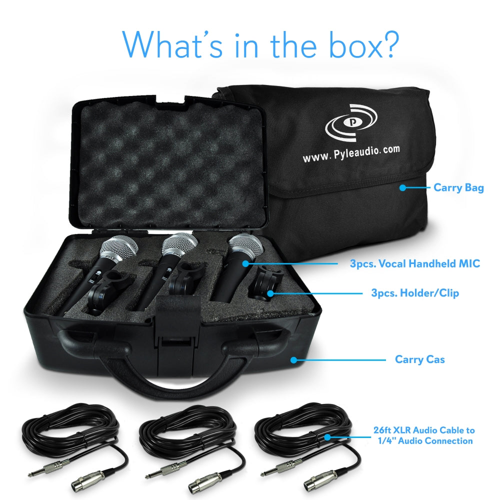 3-Piece Dynamic Microphone Kit High Output Zinc Alloy 26ft XLR