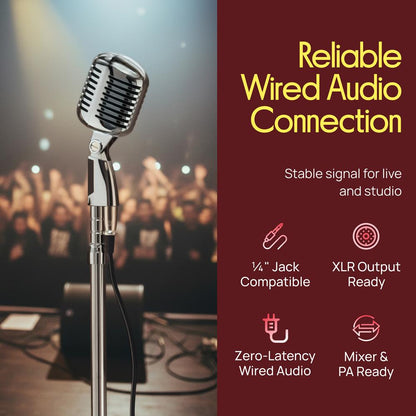 Retro Microphone with Stand, Dynamic Audio, Unidirectional, Silver Finish