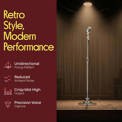 Retro Microphone with Stand, Dynamic Audio, Unidirectional, Silver Finish