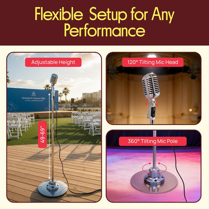 Retro Microphone with Stand, Dynamic Audio, Unidirectional, Silver Finish