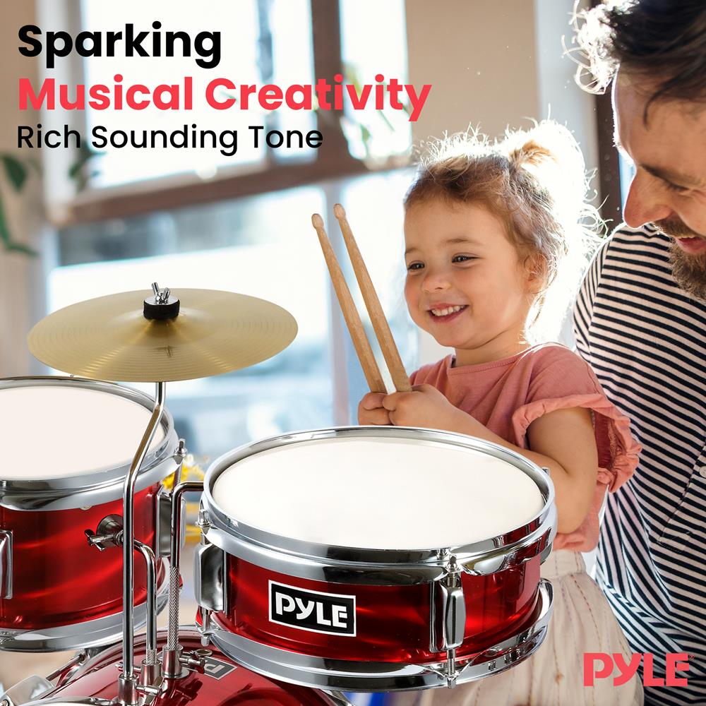 Kids Drum Set 3-Piece Beginner Kit, Metallic Finish, Adjustable