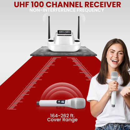 Wireless Mic System 160ft Range Rechargeable UHF Receiver 100 Channels