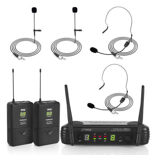 2 Channel Wireless Mic System - Portable UHF, 160' Range, 2 Headsets, 2 Lavalier