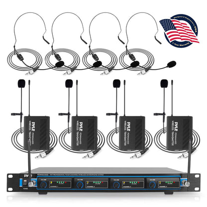 4-Channel VHF Wireless Microphone System Kit with (4) Headsets, (4) Belt-Packs & (4) Lavalier Mics, Rack Mountable