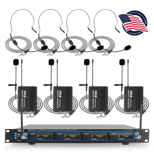 4-Channel VHF Wireless Microphone System Kit with (4) Headsets, (4) Belt-Packs & (4) Lavalier Mics, Rack Mountable