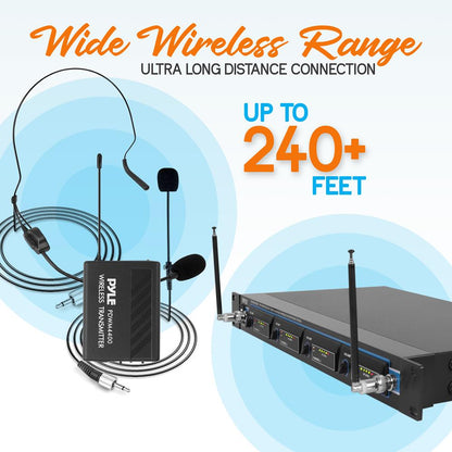 4-Channel VHF Wireless Microphone System Kit with (4) Headsets, (4) Belt-Packs & (4) Lavalier Mics, Rack Mountable