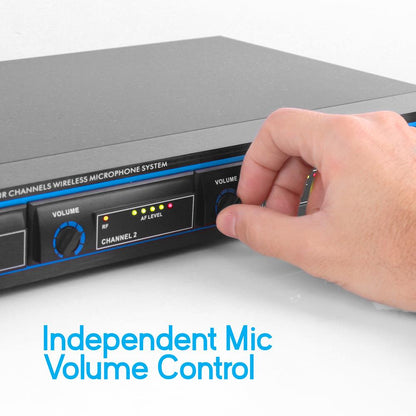 4-Channel VHF Wireless Microphone System Kit with (4) Headsets, (4) Belt-Packs & (4) Lavalier Mics, Rack Mountable