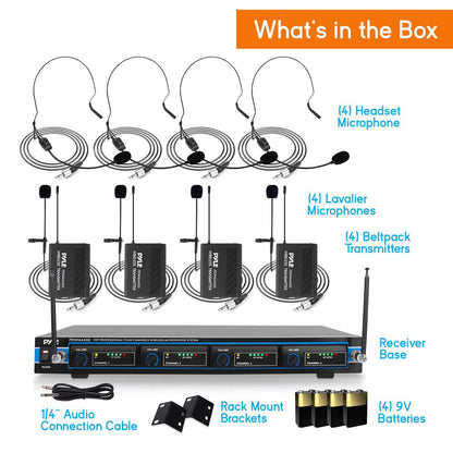 4-Channel VHF Wireless Microphone System Kit with (4) Headsets, (4) Belt-Packs & (4) Lavalier Mics, Rack Mountable