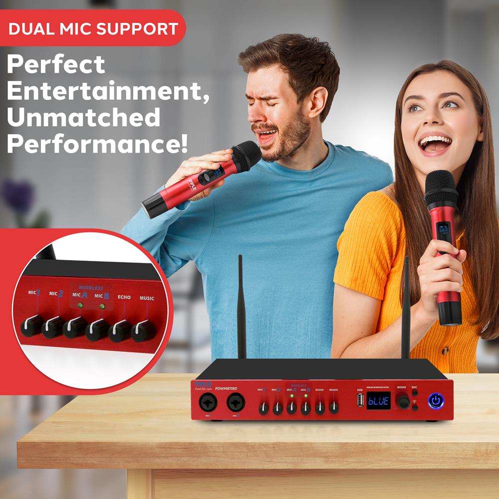 UHF Wireless Microphone System 165ft Range Bluetooth Red - Thumbnail 4