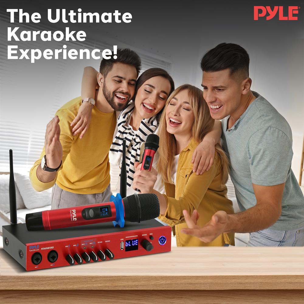 UHF Wireless Microphone System 165ft Range Bluetooth Red - Thumbnail 3