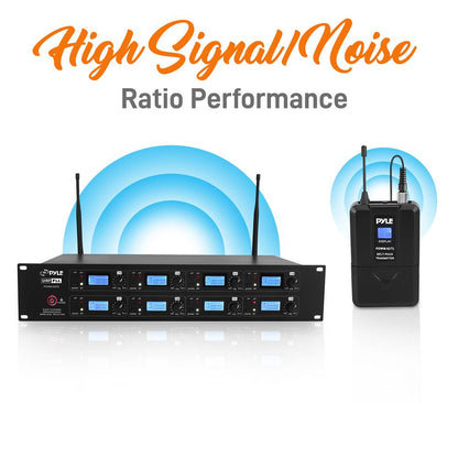 8-Channel UHF Wireless Mic System, 164 ft Range, LCD Display, Rack Mountable