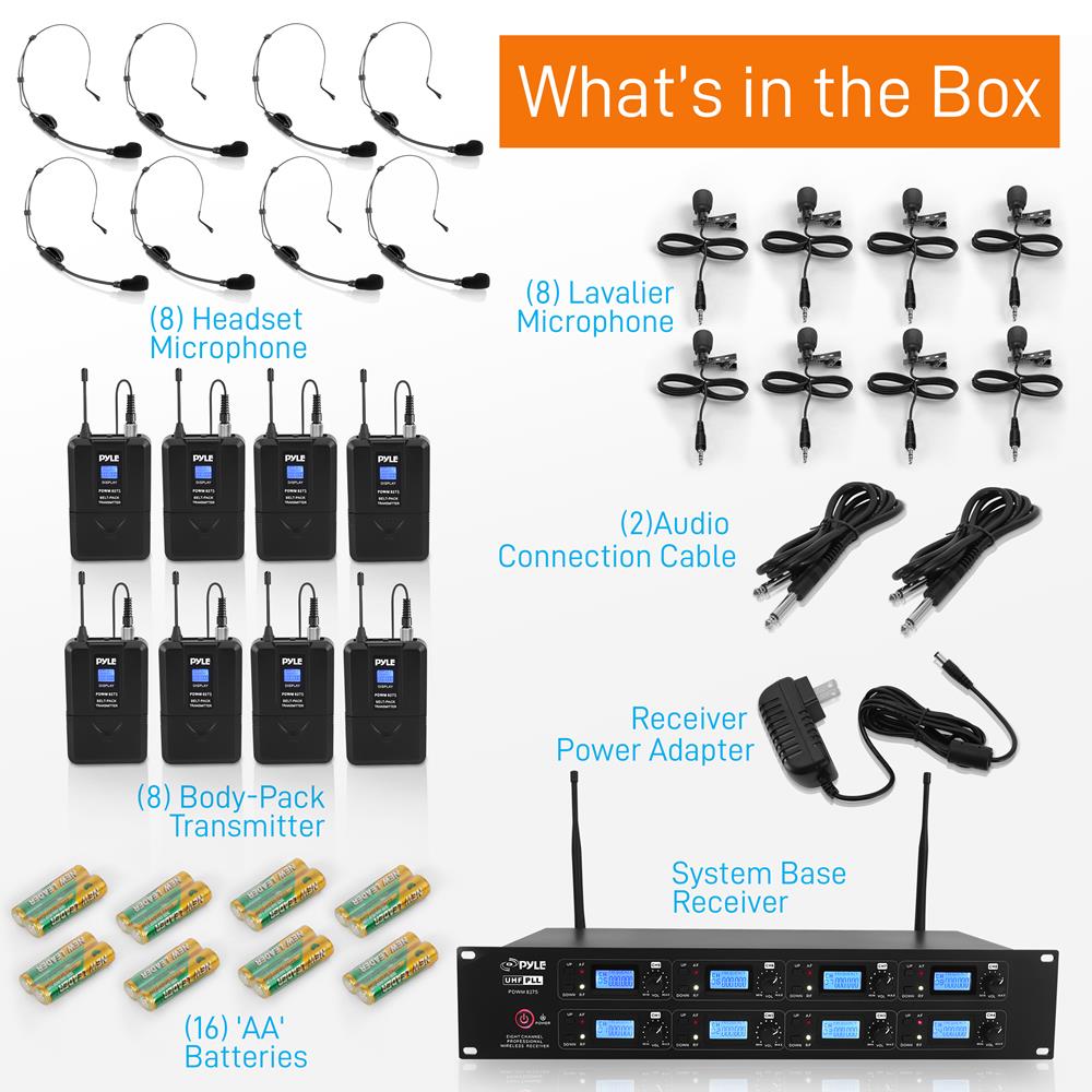 8-Channel UHF Wireless Mic System, 164 ft Range, LCD Display, Rack