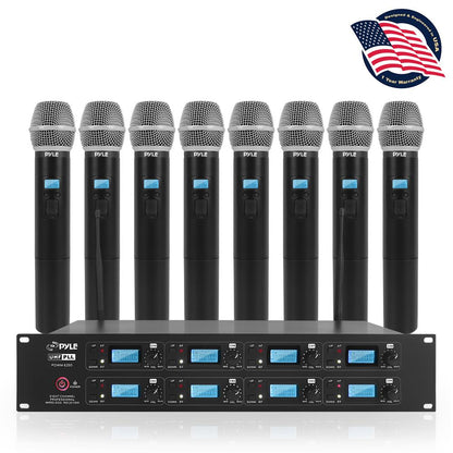 8-Channel UHF Wireless Mic System, 164 ft Range, LCD Display, Rack Mountable