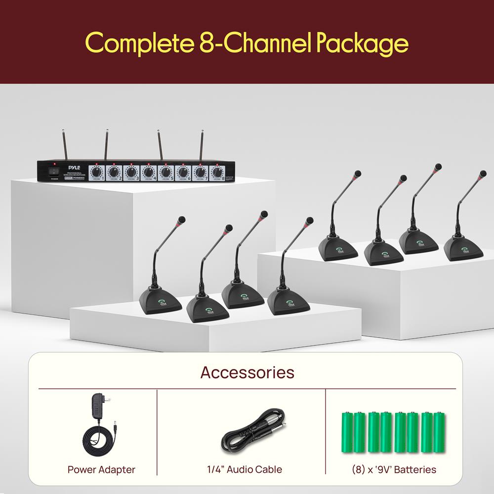 8-Channel Wireless Mic System - Extended Range, Condenser Mics