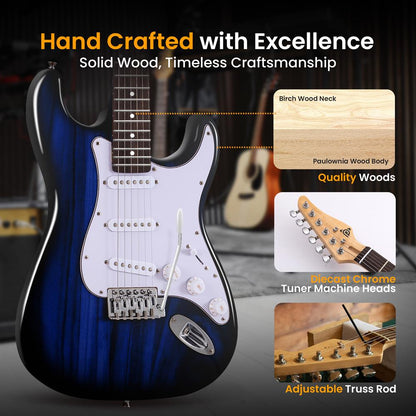 Electric Guitar Kit, Beginner-Friendly, Paulownia Wood, Blue Burst