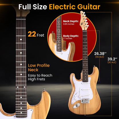 Left-Handed Electric Guitar Kit, 5W Amp, Paulownia Wood, Natural Finish