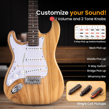 Left-Handed Electric Guitar Kit, 5W Amp, Paulownia Wood, Natural Finish
