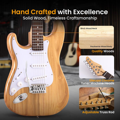 Left-Handed Electric Guitar Kit, 5W Amp, Paulownia Wood, Natural Finish