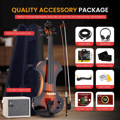 Silent Electric Violin  with Accessory Kit, 10W Amplifier, Headphone, Tuner, Extra Set of String (Sunburst)
