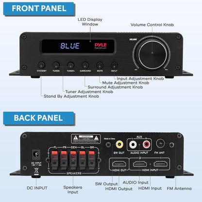 Wireless Bluetooth Home Audio Amplifier - 100W 5.1 Channel, HDMI, Compact