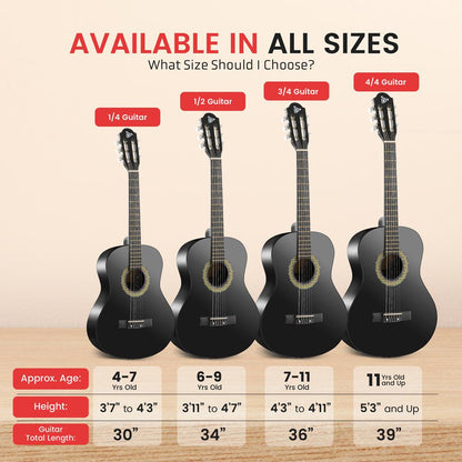 Beginner Acoustic Guitar Kit, 1/2 Size, All Wood, 34", Matte Finish