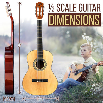 Beginner Acoustic Guitar Kit, 1/2 Size, All Wood, Natural Ash, 34"